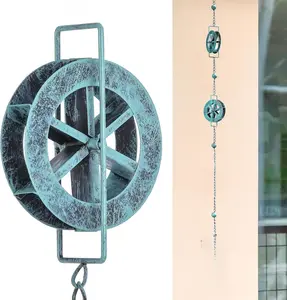 5.7 FT Water Wheel Rain Chains for Outside Blue Rain Chain for Gutters Garden Decorative Rain Catche Chain Downspout with 5 Water Wheels & Cast Iron Bell