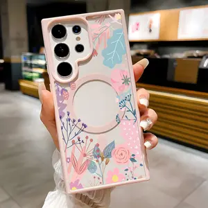 Floral Pattern Clear Magnetic Phone Case , Compatible with MagSafe Silicone Bumper Protective Cover For Samsung S25 S24 S23 S22 Ultra Plus FE Girl Y2K