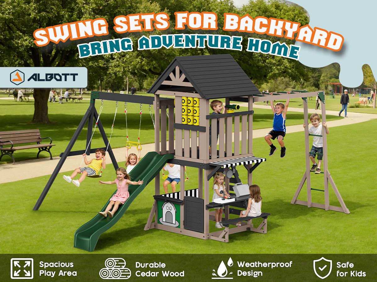 ALBOTT 3 Different Size Wooden Swing Set for Kids, Large Outdoor Wood Playhouse with Double Towers, Wave Slides, Swings, Climbing Wall & Ladder, Backyard Playground for Ages 3–8