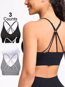 Women's Strappy Sports Bras Criss Cross Back, V-Neck Medium Support, Detachable Pads, Light Impact for Workout Gym Yoga Fitness and Daily Wear