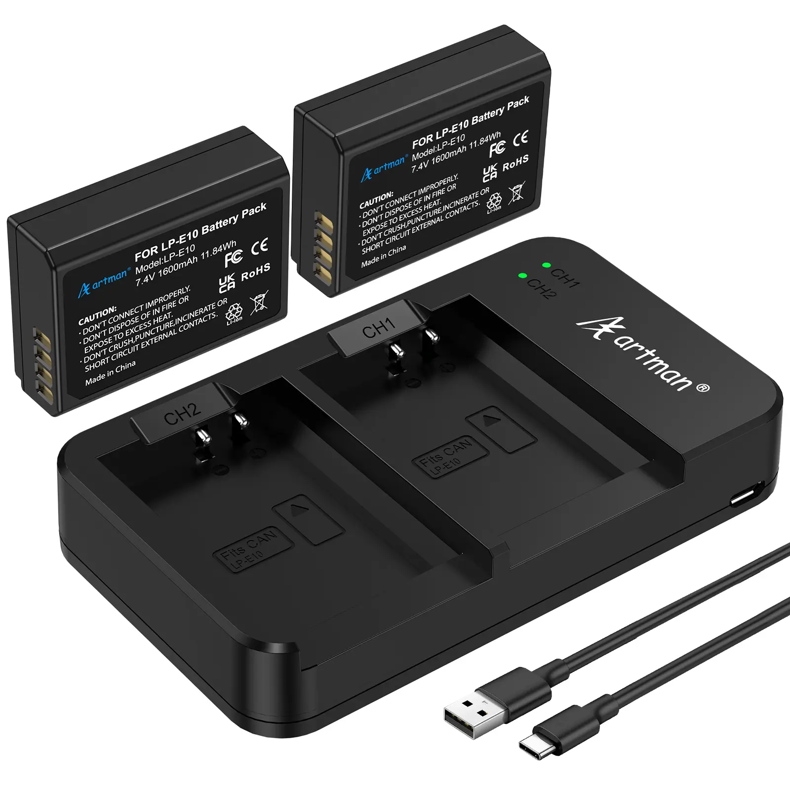Artman LP-E10 Battery and USB Dual Battery Charger for Canon EOS Rebel T7 T6 T5 T3 T100, Kiss X50 Kiss X70 EOS1100D/1200D/1300D/2000D Digital Cameras 2-Pack 1600mAh Protection Card power bank magnetic power bank, Camera Accessories, Digital Camera Battery