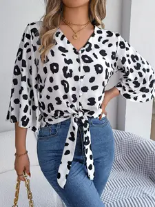 Women's Leopard Print Tie Front Flounce Sleeve Blouse, Summer Clothes Women, Casual 3/4 Sleeve V Neck Button Front Top for Summer, Women's Clothes for Daily Wear, Casual Ruffle Blouse