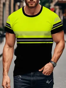 Fluro Patchwork Short Sleeve Men's Sporty Relaxed Top Crew Neck Tee, Fashion Striped Design, Breathable Quick-Dry, Casual Streetwear Essential