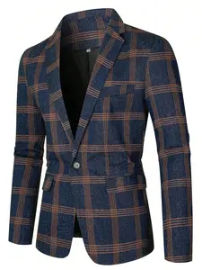 Men's Plaid Print Button Front Blazer, Suit Coats Work, Work Clothes for Office, Regular Fit Long Sleeve Lapel Neckline Suit Jacket for Business Formal Occasions, Fashion Men's Clothing for Fall & Winter, Formal Wear