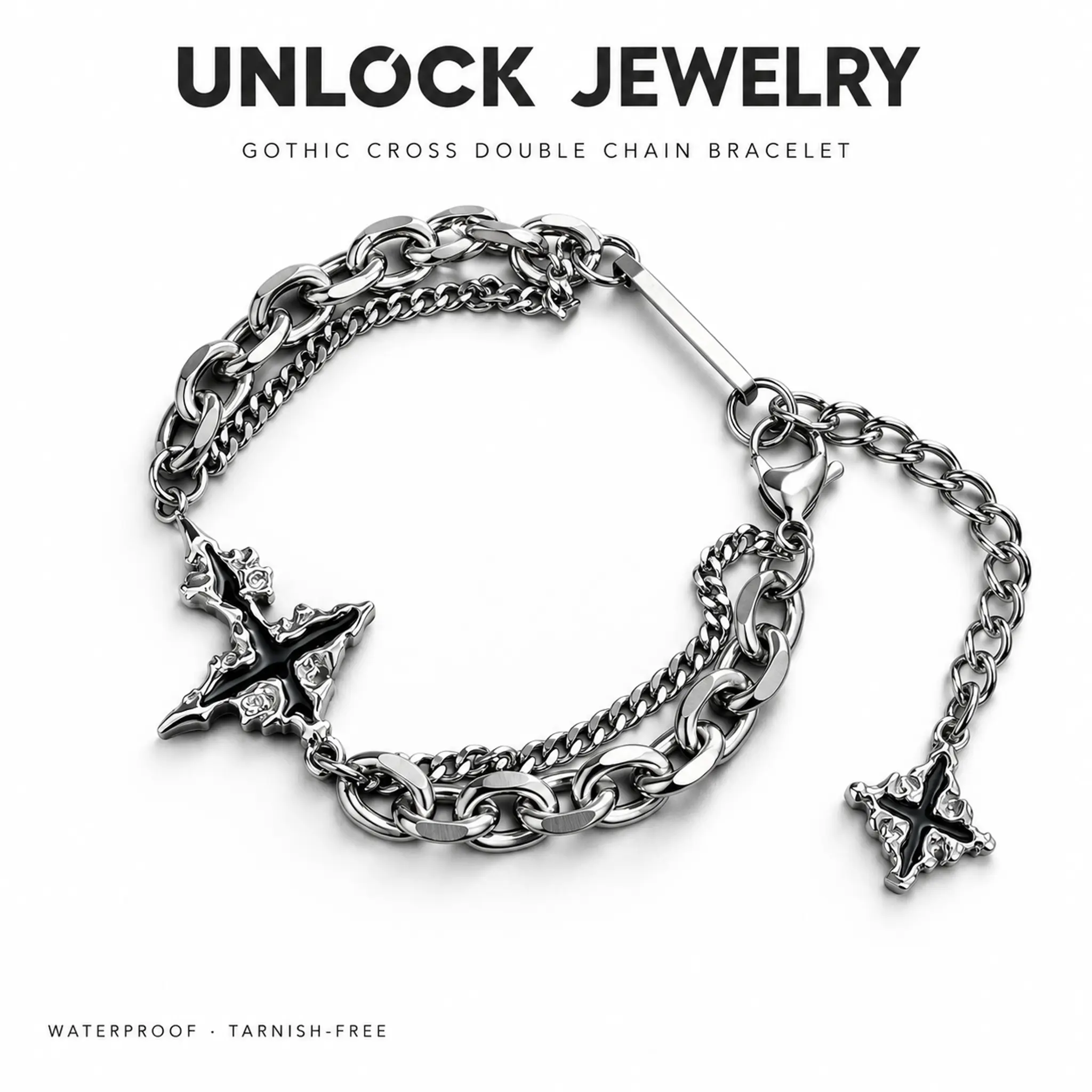 UNLOCK Gothic Cross Double Chain Bracelet - Stainless Steel Black Enamel Cross Motif, Waterproof Tarnish-Free Adjustable Streetwear Punk Jewelry, Gothic Charm for Everyday Wear, Unisex Gift