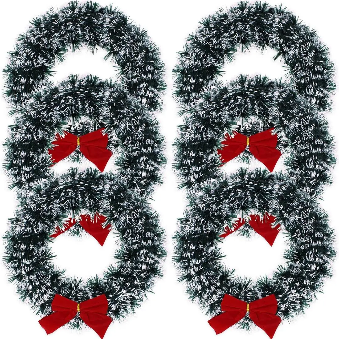 6 Christmas Wreath for Front Door with Red Velvet Bow 13" Hanging Winter Artificial Tinsel Crafts for Indoor Outdoor Home Window Wall…