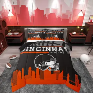 Football Comforter Set,Football Game Sports Theme Bedding Comforter Sets,Red Orange Black Down Comforter，Rugby Player Duvet Set,(Cincinnati