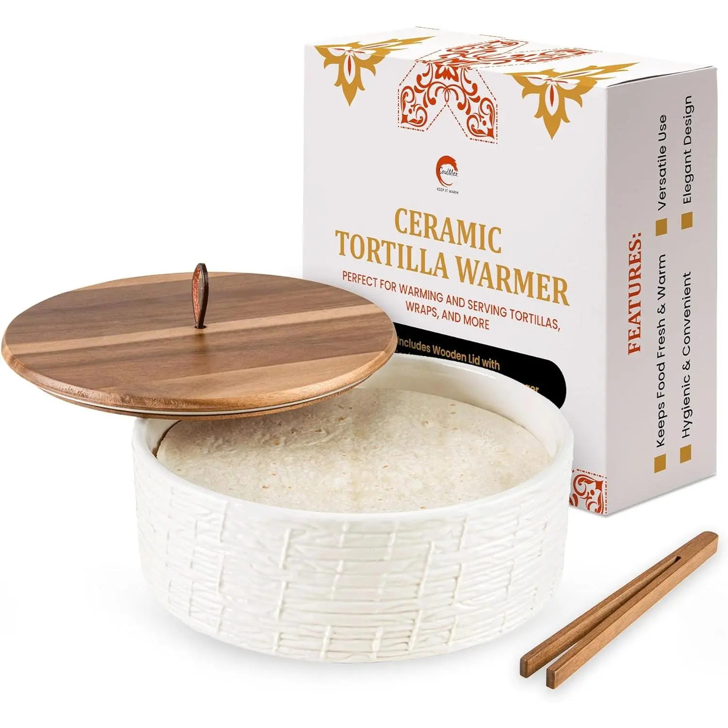 Ceramic tortilla warmer with airtight wooden lid, 8.8-inch insulated tortilla holder—bread and pancake warmer, authentic large tortilla oven (tortillero) for tortillas, pancakes, and roti