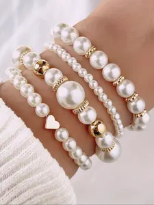 Elegant Heart Decor Faux Pearl Beaded Bracelets Set, Boho Style Jewelry for Women, Trendy All-match & Exquisite Jewelry for Birthday Gift