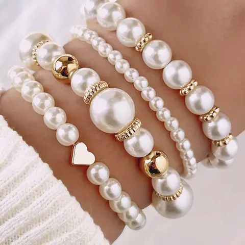 Mother's Day Gift Heart Decor Faux Pearl String of Pearls Beaded Bracelets Set, Beaded Bracelet Sets, Matching Heart Bracelets, Stackable Bracelet Set, Boho Style Jewelry for Women & Birthday Gifts, Heart Shaped Bracelet, Bracelet Combination Set