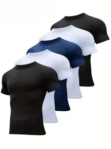 2026 Men's 5-Piece Slim-Fit Short-Sleeve Compression Sports T-Shirt Set for Fitness Daily Activities Black White Navy