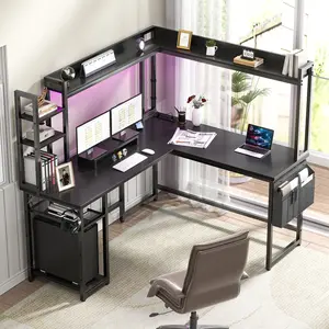 Unikito L-Shaped Desk with Hutch & Power Outlet Gaming Desk Corner Computer Desk with LED Lights Reversible Design Sturdy Metal Frame MDF Board Adjustable Storage Shelves Black Color 55 x 55 inches Office Furniture
