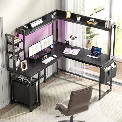 Unikito L-Shaped Multi Functional Desk with Hutch, Power Outlet, LED Lights, Reversible Design, Sturdy Metal Frame, MDF Board, Adjustable Storage Shelves - 55x55 in Black Gaming Desk Office Furniture