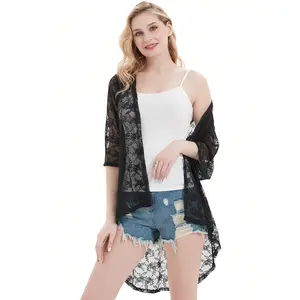 Women Lace Crochet Coverups Open Front Cardigan Sheer Cover Up Half Sleeve Kimono Fit Womenswear