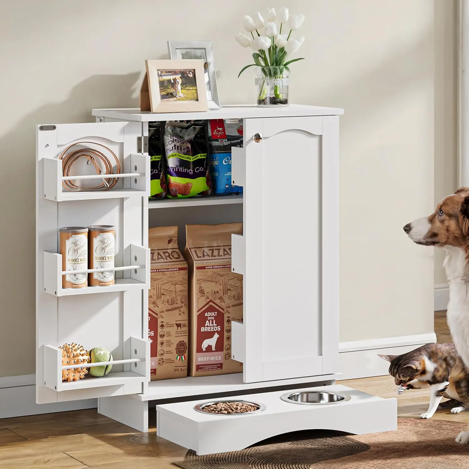 31.7 Inch High Dog Feeding Station with Feeding Bowls, Pet Organizers and Storage Adjustable Shelf, Dog Feeder Station, Pet Storage Cabinet for Cats and Dogs, White