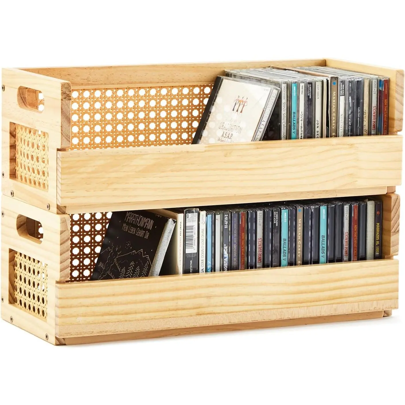 CroBlissful 2 Set Rattan Design Wooden CD Storage Box,Holds 72 CDs(36 Each) | Cassette Tape Display Rack Organizer Shelf with Magnetic Front Flap and Carrying Handles for DVDs, Cassette Tapes,Movie Cases