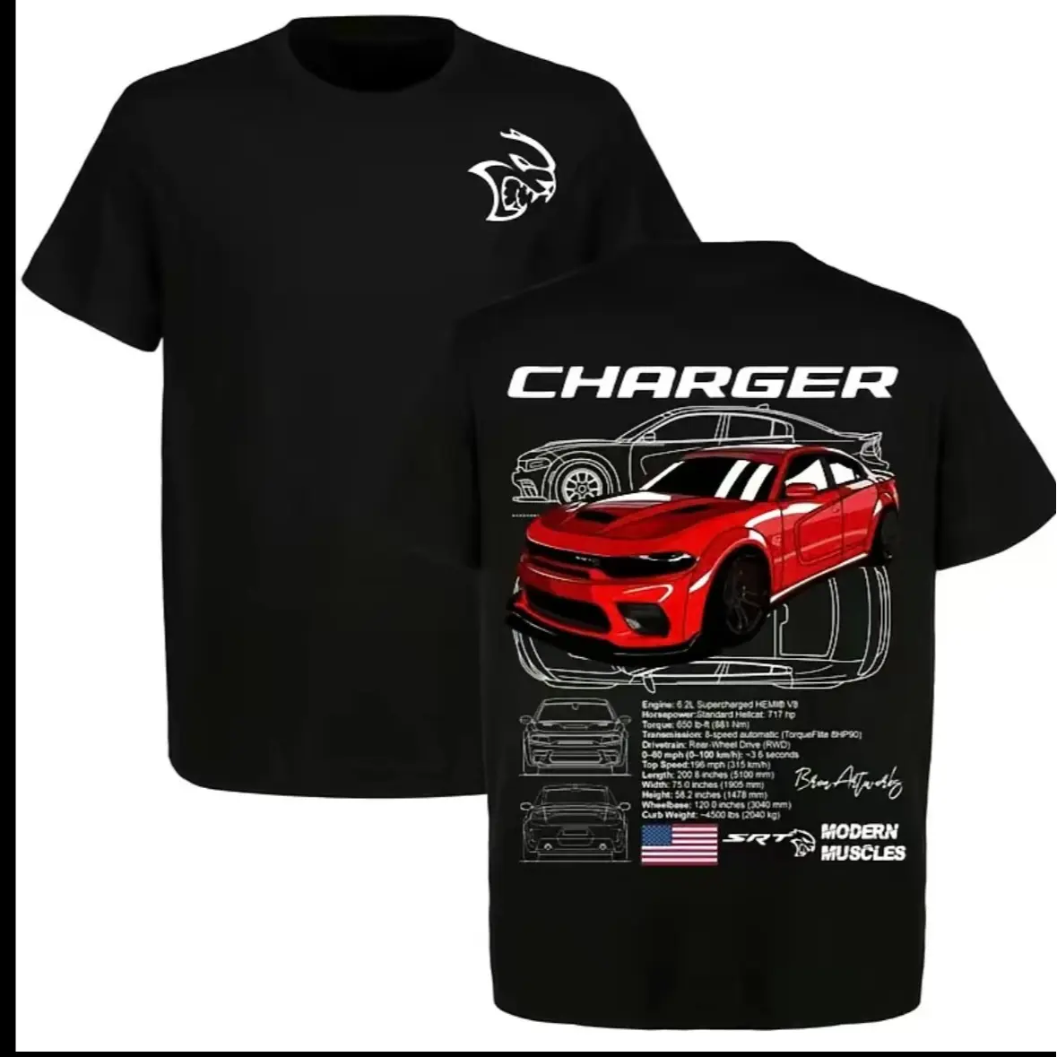 ⚡ DODGE CHARGER HELLCAT Red Graphic T-Shirt – Mopar Muscle Car Tee, Vintage Hellcat Streetwear, Red Charger Blueprint Design, Oversized Y2K Racing Apparel, 100% Cotton Unisex Shirt GLX