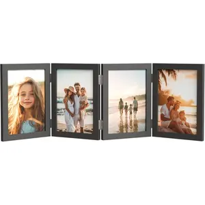 4 Picture Frame, 4x6 Four Folding Hinged Photo Frames, Rustic Wood Desk Family Photo Collage Stand Vertical on Tabletop for Birthday Family Lover Gift (Black)