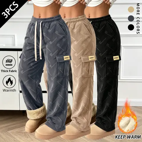 Women's Fleece-Lined Corduroy Wide-Leg Joggers - High-Waist Adjustable Drawstring Everyday Bottoms, Thick Fabric, Warm Winter Streetwear, Large Functional Pockets