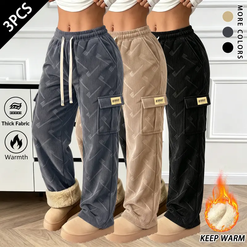 Women's Fleece-Lined Corduroy Wide-Leg Joggers - High-Waist Adjustable Drawstring Everyday Bottoms, Thick Fabric, Warm Winter Streetwear, Large Functional Pockets
