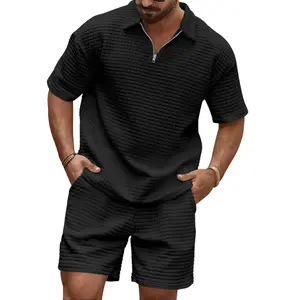 Men's Waffle Quarter Zip 2 Piece Set| Slim Fit Polo & Shorts Outfit for Spring & Summer