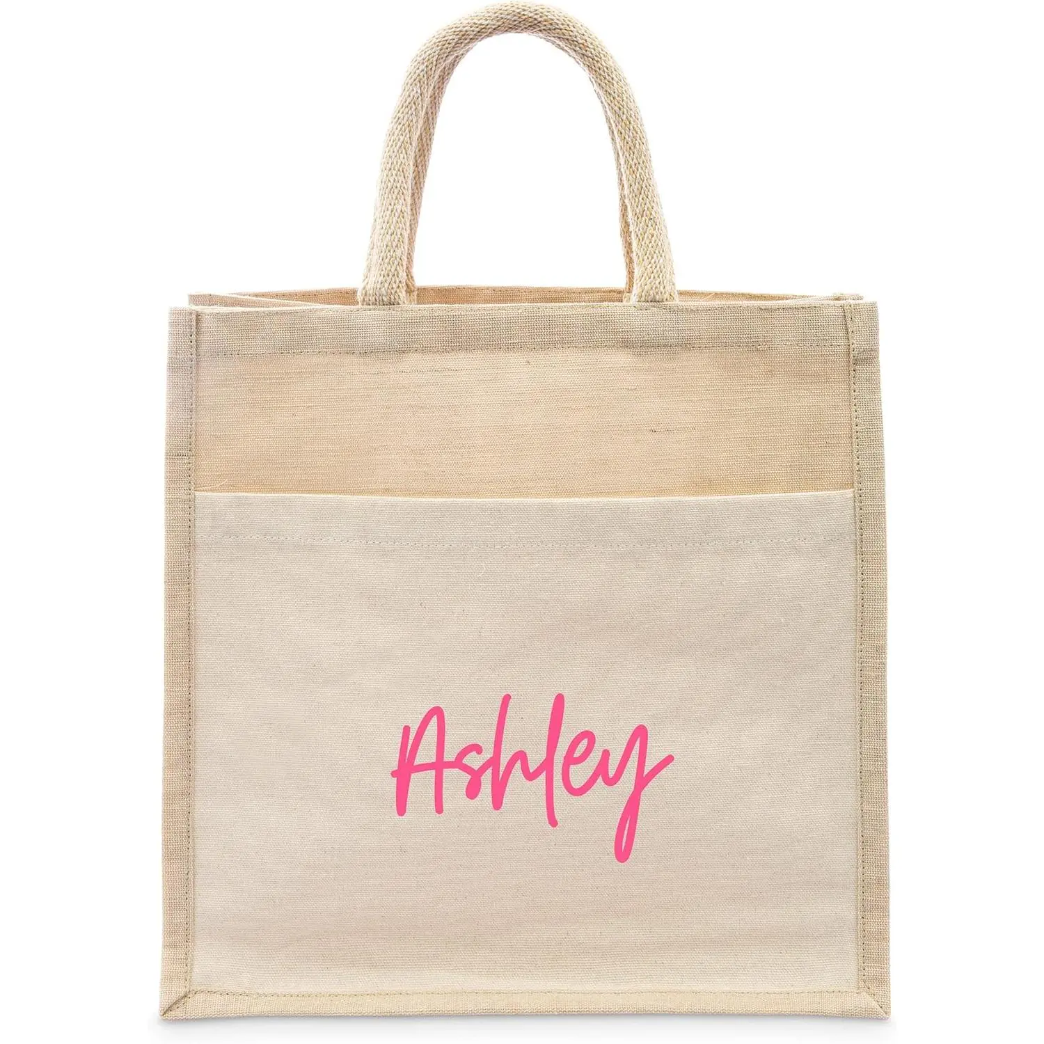 Personalized Medium Woven Jute Tote Bag With Pocket
