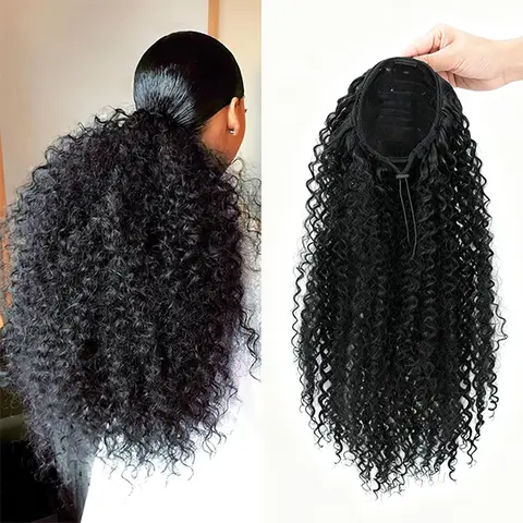 Women's 20in Fluffy Kinky Curly Drawstring Ponytail Extension - Thick Volume Layered Synthetic Hairpiece for Casual, Work, Office, Graduation, Photoshoot Wear