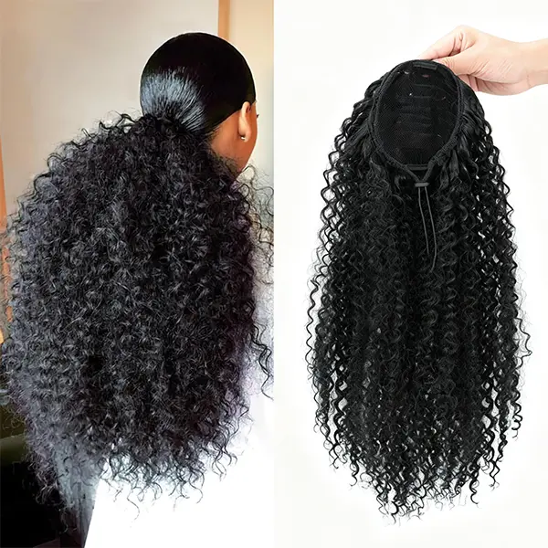 Women's 20in Fluffy Kinky Curly Drawstring Ponytail Extension - Thick Volume Layered Synthetic Hairpiece for Casual, Work, Office, Graduation, Photoshoot Wear