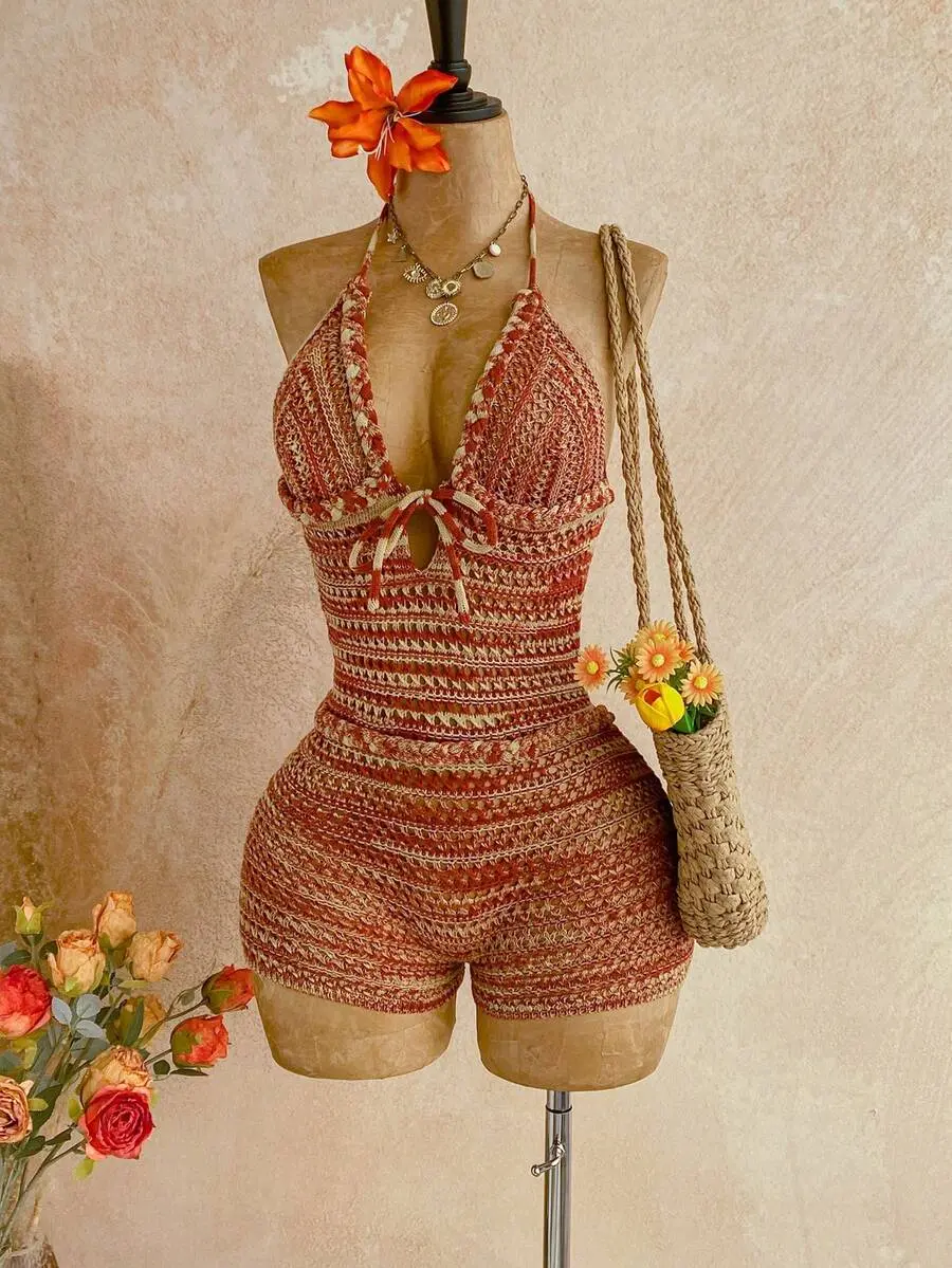 MALINDA Striped Knitted Halter Mini Jumpsuit,Summer Boho Vacation Holiday Outfit, Textured Ombre Party Beach Romper,Festival Graduation Wear