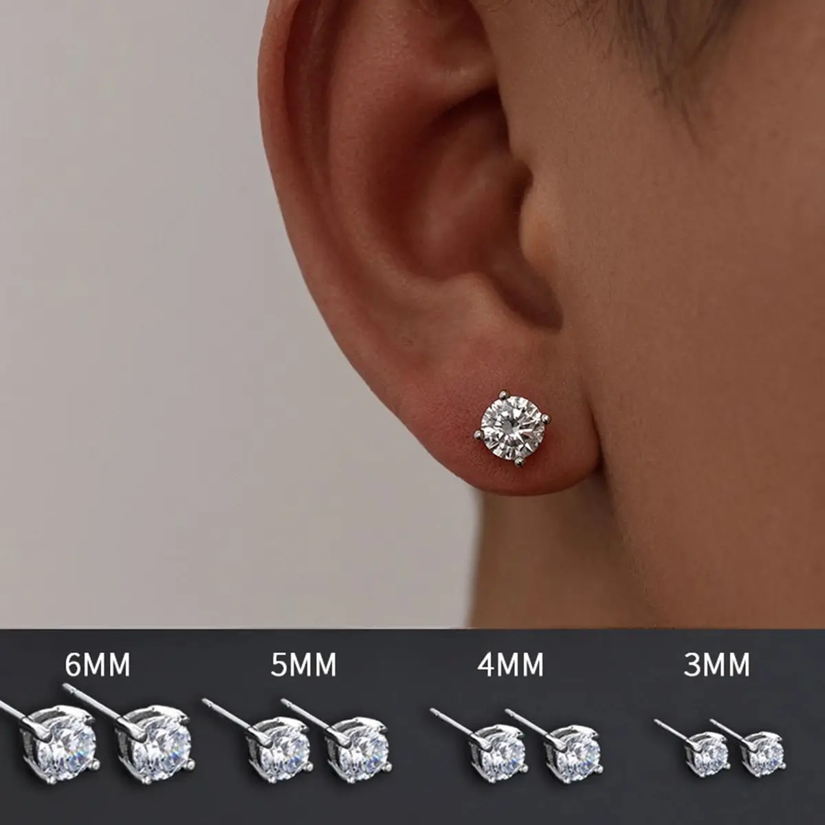 Women's 4–8mm round, four-prong stud earrings; distinctive hip-hop style cubic zirconia studs; unisex multi-size stud earrings.