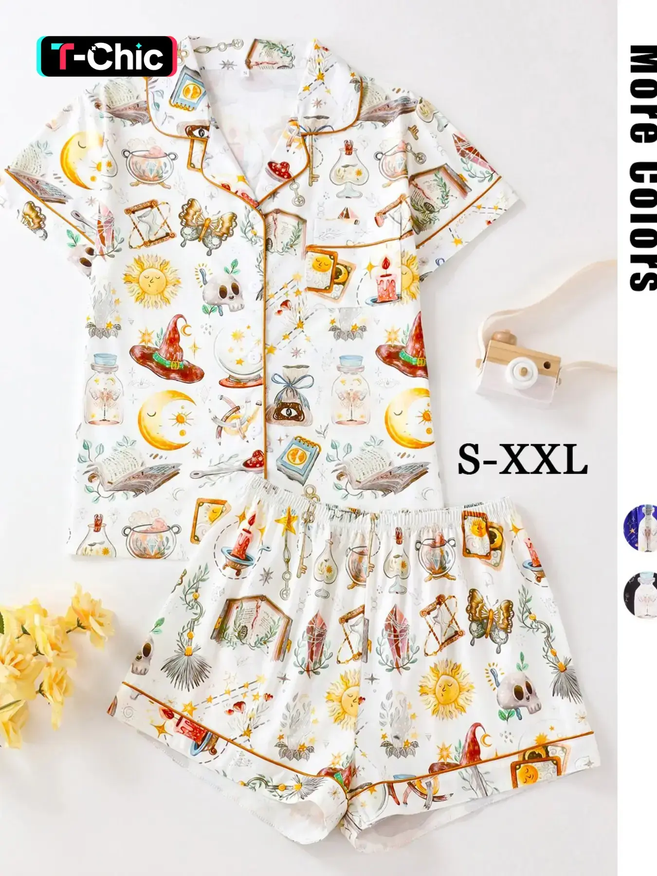 Women's All Over Print Pyjamas Two-piece Set, Casual Comfy Short Sleeve Lapel Neck Pajama Top & Elastic Waist Shorts PJ Set, Ladies Sleepwear, Summer Sleepwear Set, Loungewear Pajamas Set, Casual Pajama Sets, Nightwear Lounge Set, Nightwear Outfit