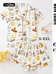 Women's All Over Print Pyjamas Two-piece Set, Casual Comfy Short Sleeve Lapel Neck Pajama Top & Elastic Waist Shorts PJ Set, Ladies Sleepwear, Summer Sleepwear Set, Loungewear Pajamas Set, Casual Pajama Sets, Nightwear Lounge Set