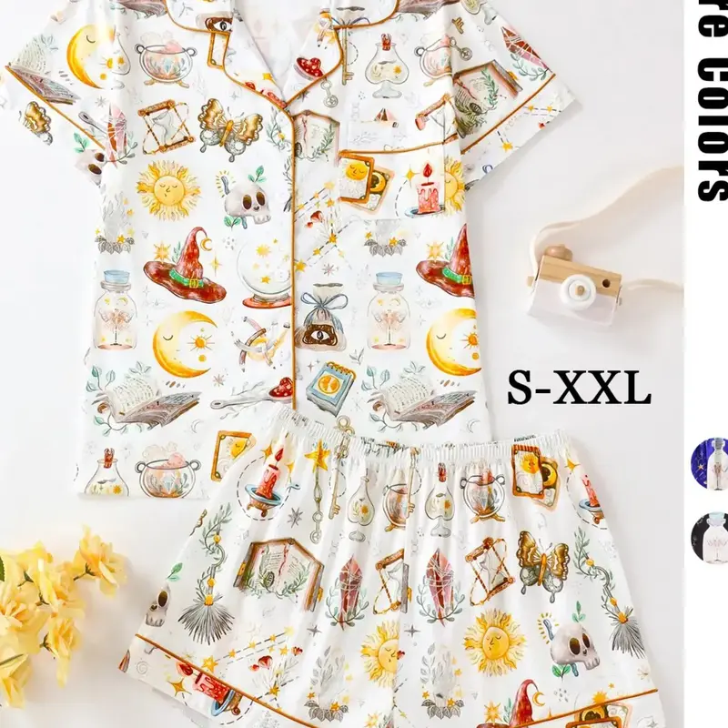 Women's All Over Print Pyjamas Two-piece Set, Casual Comfy Short Sleeve Lapel Neck Pajama Top & Elastic Waist Shorts PJ Set, Ladies Sleepwear, Summer Sleepwear Set, Loungewear Pajamas Set, Casual Pajama Sets, Nightwear Lounge Set, Nightwear Outfit