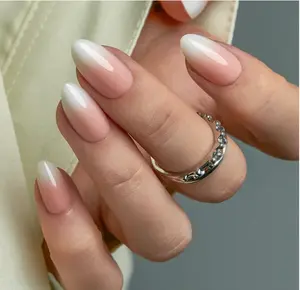 CurvLife Medium Press on Nails Almond Acrylic Fake Nails with Pink-white gradient Nude Design Full Cover False Nails Reusable Nail Kit with Nail Glue Adhesive Tabs Nail File Artificial Glue on Nails