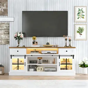 Garvee Farmhouse Media Console Table for 75-inch TVs, 66" Wide Entertainment Center with 2 Drawers, Adjustable Shelves, Power Outlets, LED Lighting, Barn Doors, White with Brown Top for Home & Office