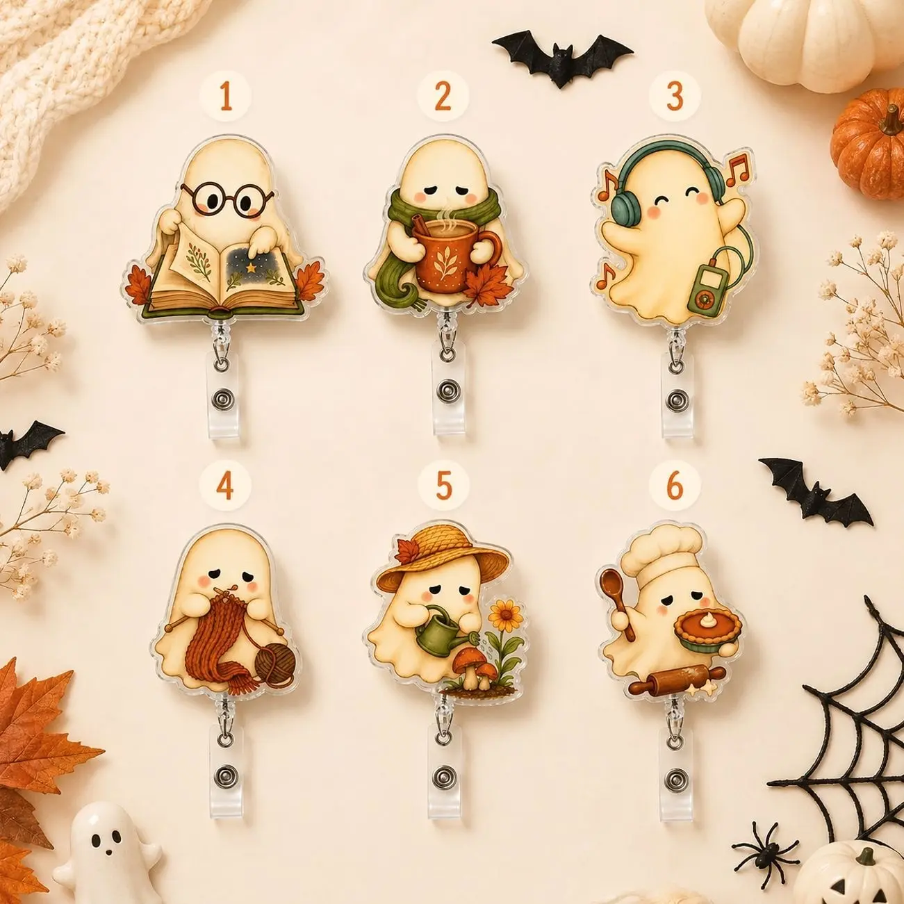Fall Ghost Badge Reel, Cute Autumn Acrylic ID Badge Holder, Halloween Ghost Nurse Teacher Badge Reel, Fall Office Work Accessory