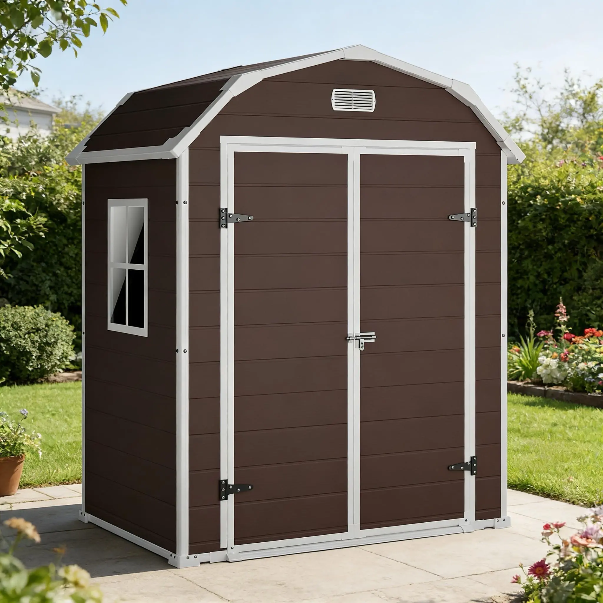 Gaomon 6x4.5 ft Resin Outdoor Storage Shed - Spacious Interior, Sloped Roof, Reinforced Double-Wall Panels, All-Seasons Leak-Proof Waterproof UV-Protected, Reinforced Built-In Floor, Easy Assembly Double Doors for Backyard Gardening, Patio Easy Access, Se