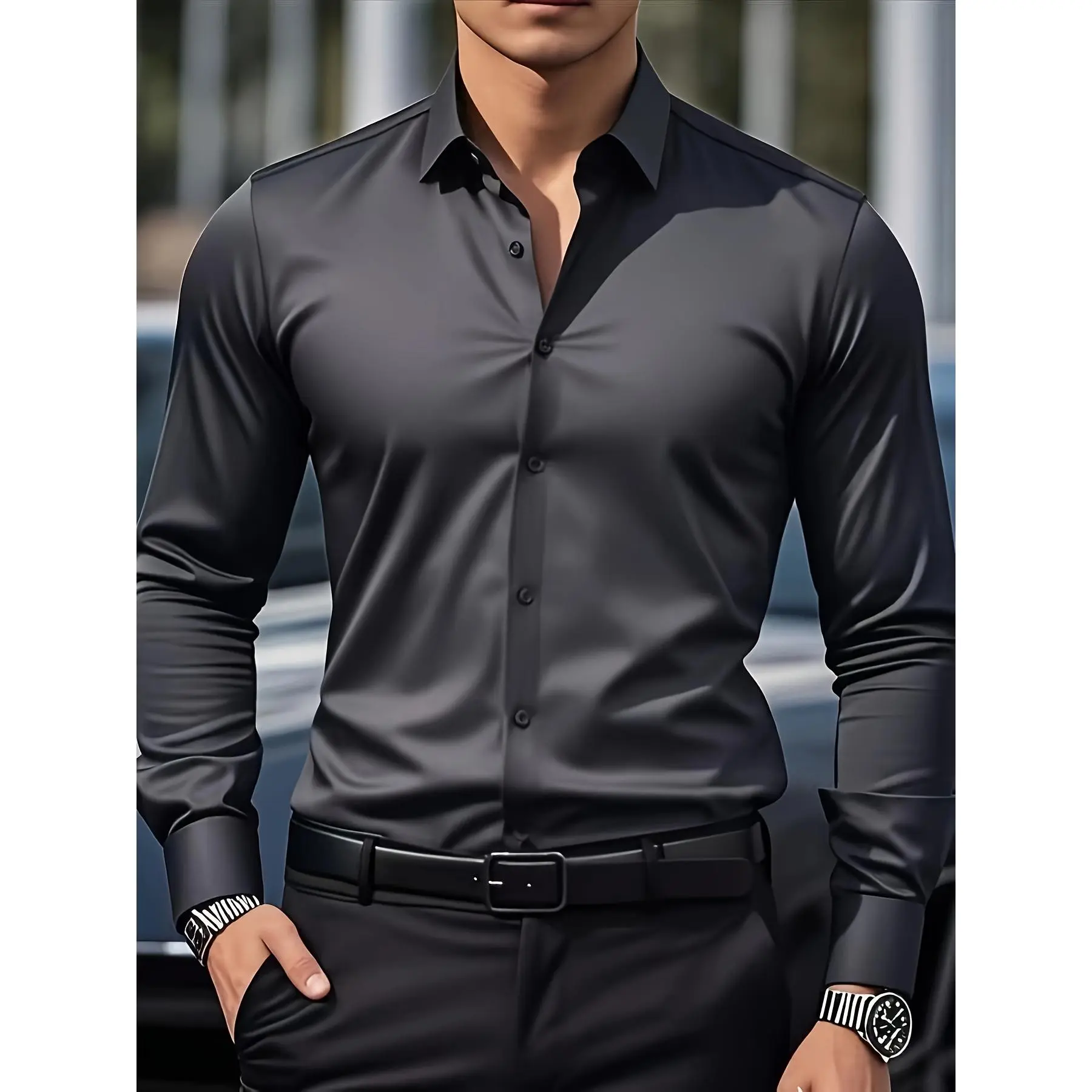 Men'S Elegant Solid Color Long Sleeve Dress Shirt - Non-Stretch Fabric, Single-Breasted with Lapel Collar, Perfect for Office, Casual, and Formal Occasions, Office Wear |   Classic Dress Shirt |   Durable Dress Shirt