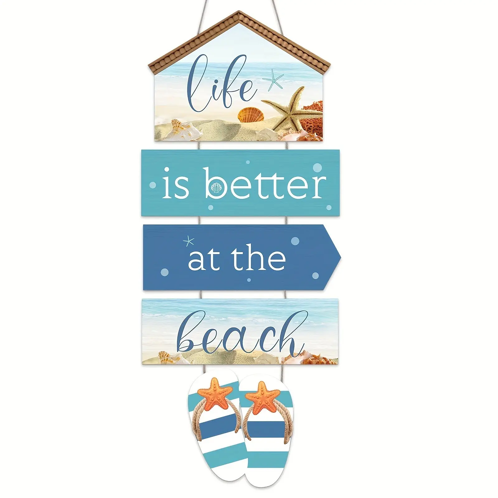 5 Piece Wooden Ocean Beach Wall Decor Set, Hanging, Shell Starfish Rustic Style, Home Art Decoration for Bathroom Living Room Kitchen, Hallway Wall Decor