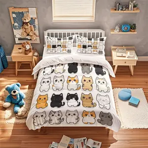 3pcs Cute Cartoon Cat Print Quilt Set, Soft Polyester Fabric, Zipper Design, Modern Bedding Essentials, Must-Have Home Decor