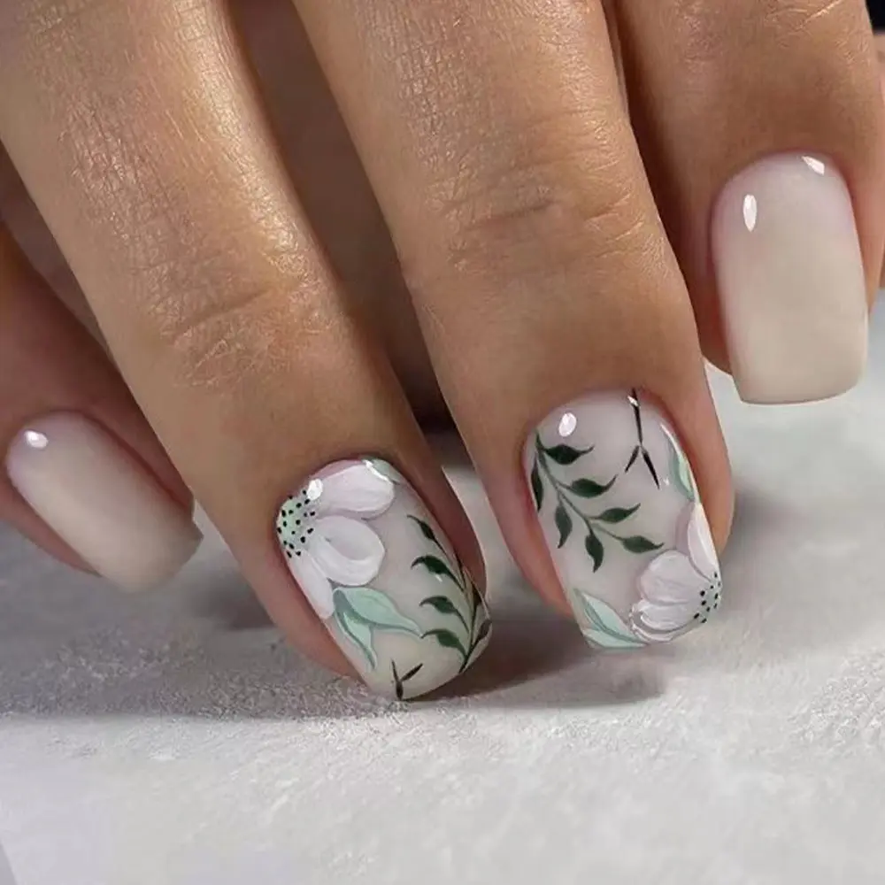 Curvlife short squoval floral Press On Nails milky glossy shiny patterns prints for spring Easy Apply Nail Art