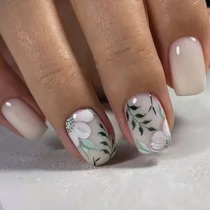Curvlife short squoval floral Press On Nails milky glossy shiny patterns prints for spring Easy Apply Nail Art