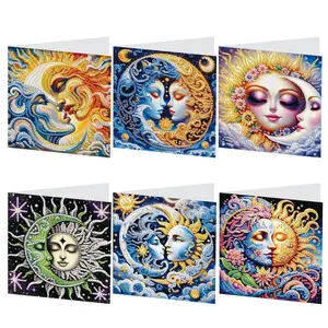 Sun & Moon Pattern DIY Diamond Art Colorful Painting Greeting Card Kit, 6 Counts/set DIY Diamond Art Painting Greeting Cards, Creative Decoration Card for Gift