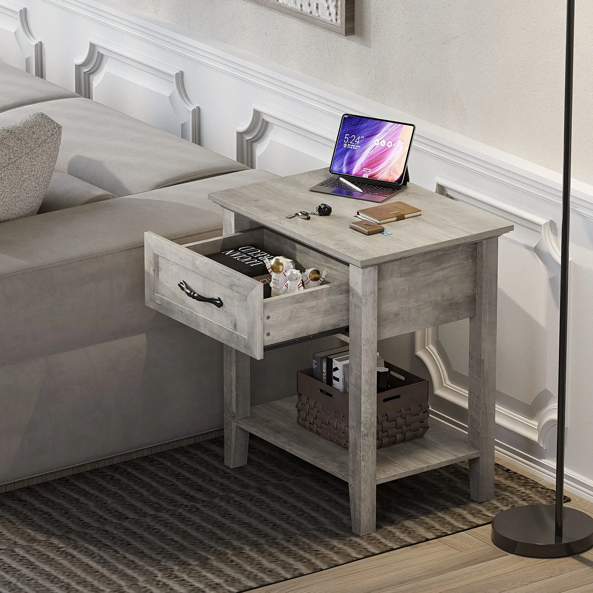 Modern Garvee bedside tables with drawer, multifunctional coffee table for living room, bedroom or study, double shelf for organizing items, versatile design in gray