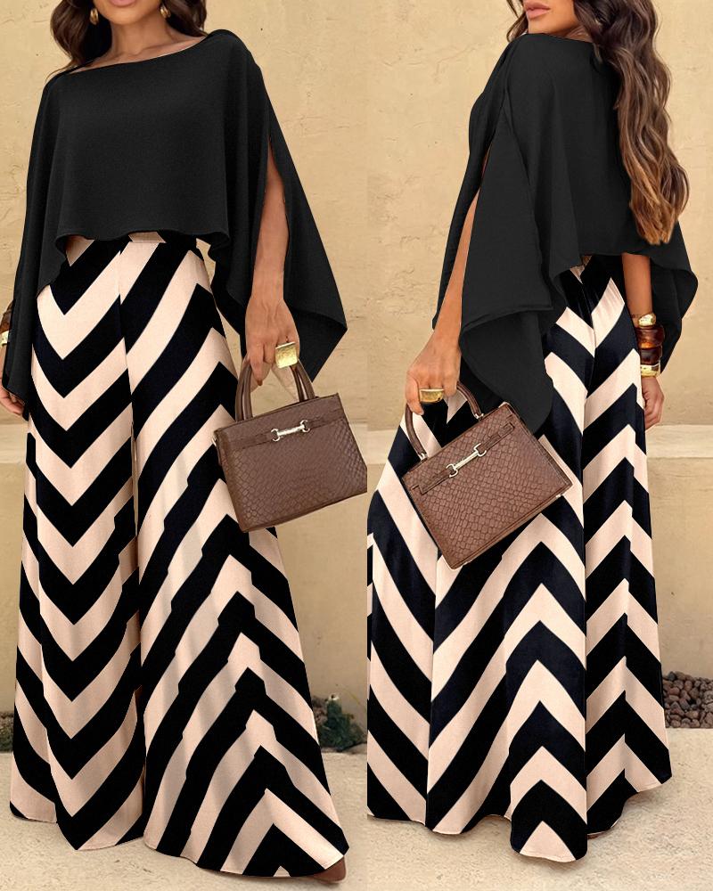 ChicMe Women's 3 Pieces Outfit Elegant Pant Set with Convertible Split Sleeve Top & High Waist Chevron Print Wide Leg Pants Chic Vacation Outfit for Women