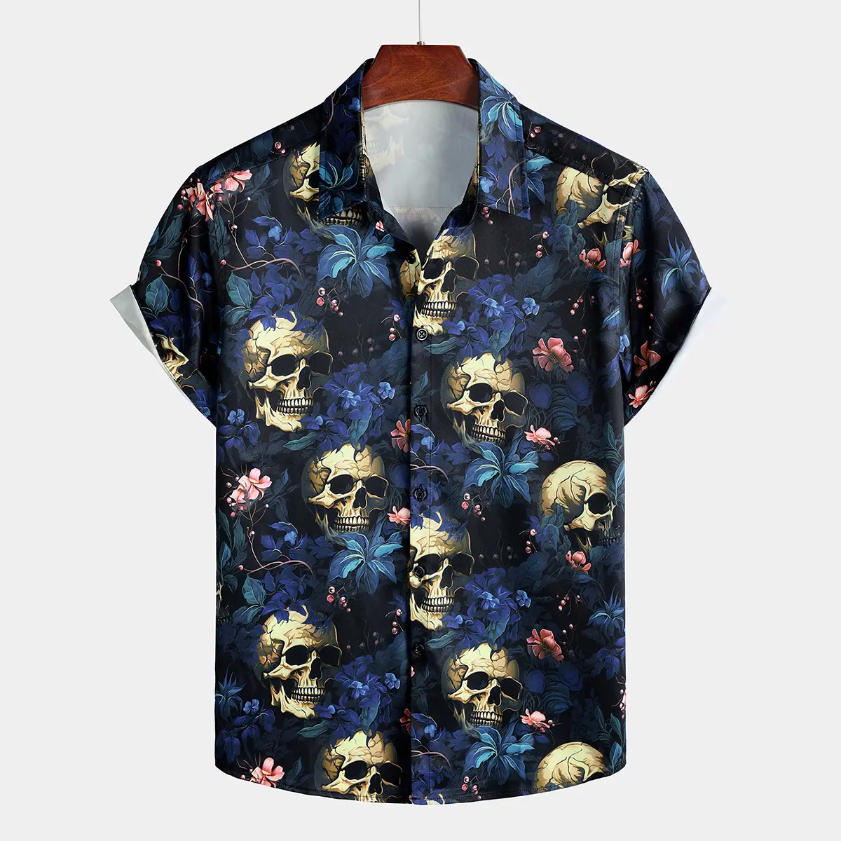 TIXMIE Men's Short-Sleeve Button-Up Shirt - Regular Fit, Stretchy Polyester Blend, Vintage Gold Floral Sugar Skull Print, Collared Punk Top, Medium Length, Machine Washable, for Summer Beach Holidays, Shortsleeve