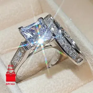 2-Piece 925 Silver Square Wedding Ring Set for Women - Elegant Exquisite Design with Gift Box - Perfect for Daily & Festival Gifts