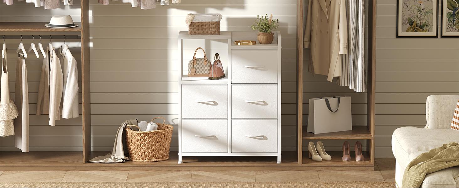 5 Drawer Fabric Dresser, 2-Tier Shelf Storage Chest, Storage Cabinet for Bedroom, Hallway, Entryway, White