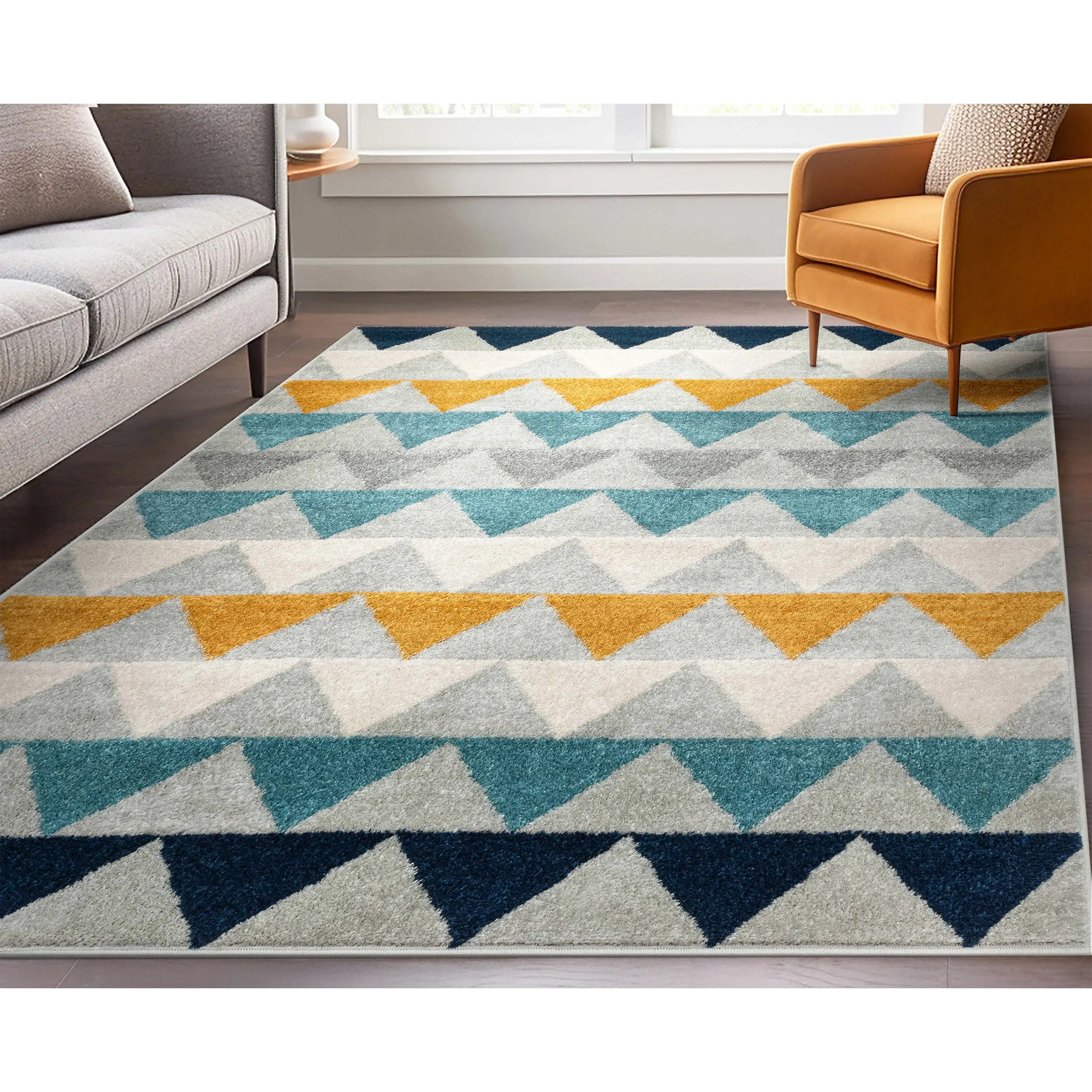 Nova Grey Modern Scandinavian Rug - Blue & Gold Triangle Design for Living Room, Bedroom
