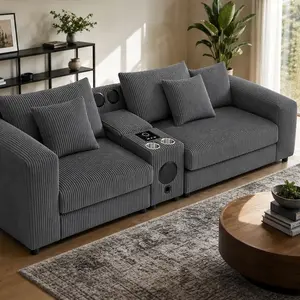 ARCH Corduroy Sofa Set with Cup Holders, Bluetooth Speakers, Wireless Charging, Storage, Dark Gray Living Room Furniture, 1-Piece Package, Dark Gray Color Options, Corduroy Material, Product Weight: Not Applicable lb, Color: Dark Gray